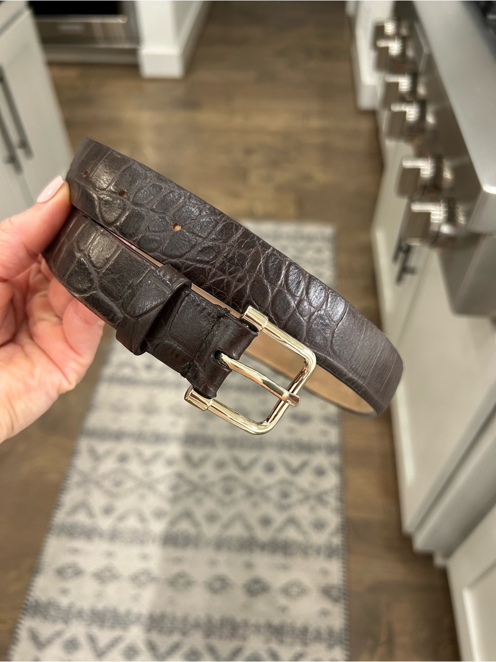 Dark Brown Croc-Embossed Leather Belt with Gold Buckle - Picture 7 of 7